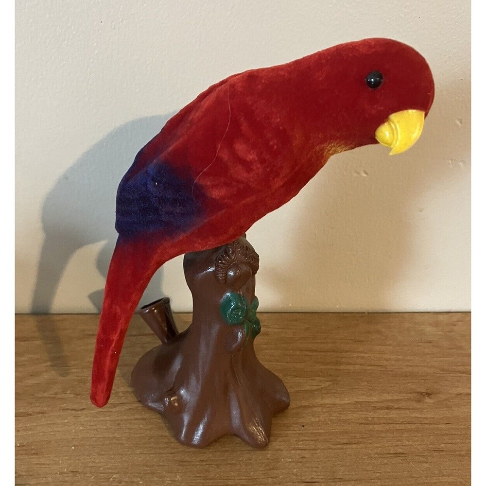 Vintage Felt RED PARROT On Plastic Tree Stump - J.M. CO. - Made in Hong Kong